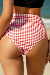 Red Plaid Print Front Tie High Waist Bikini Bottoms LC472107-3