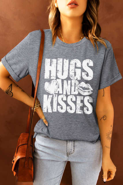 Gray HUGS AND KISSES Valentines Graphic Print Tee LC25219491-11
