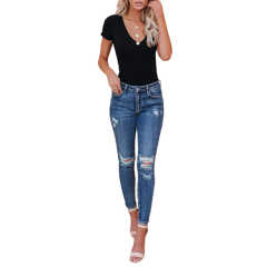 Black Deep V Neck Short Sleeve Bodysuit TQK550252-2