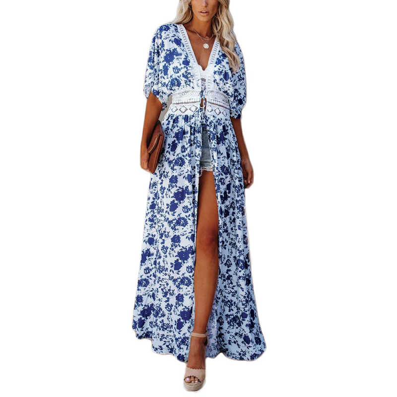 Blue Chiffon & Lack Long Kimono Beach Cover TQK650081-5