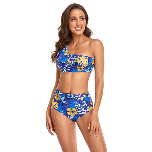 Blue Printed One Shoulder Ruffle Bikini Swimwear TQK610299-5