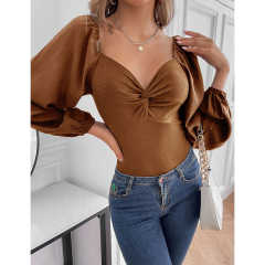 Khaki Twisted Rib V Neck Long Sleeve Bodysuit TQV220138-21