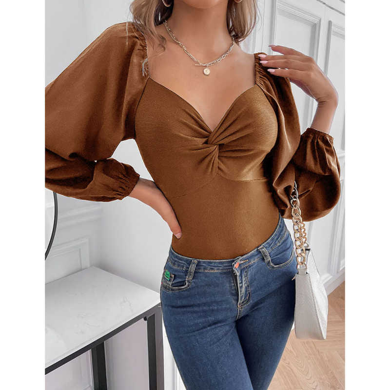 Khaki Twisted Rib V Neck Long Sleeve Bodysuit TQV220138-21