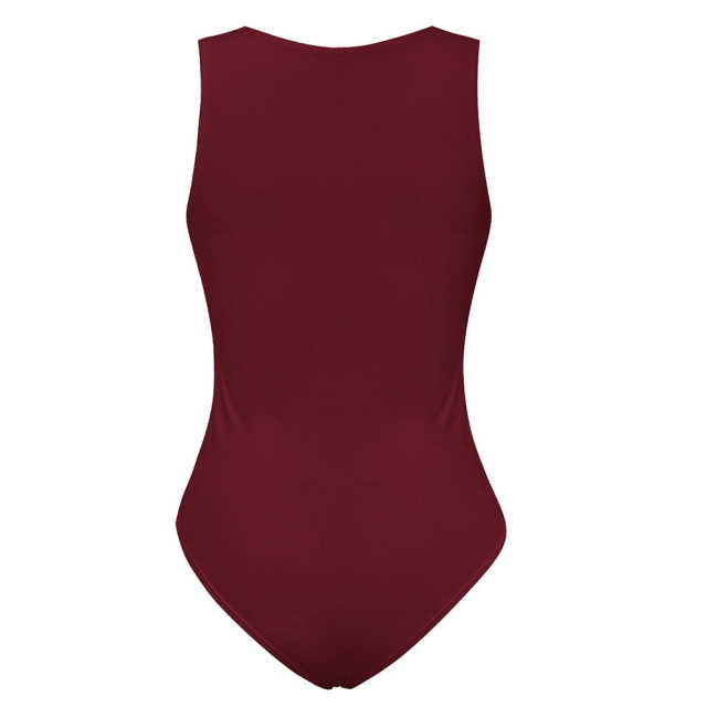 Wine Red Button-up Rayon Sleeveless Bodysuit TQK550296-23
