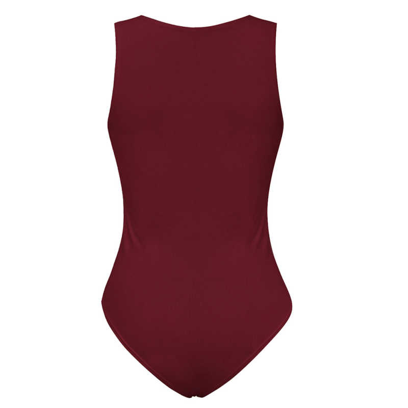 Wine Red Button-up Rayon Sleeveless Bodysuit TQK550296-23