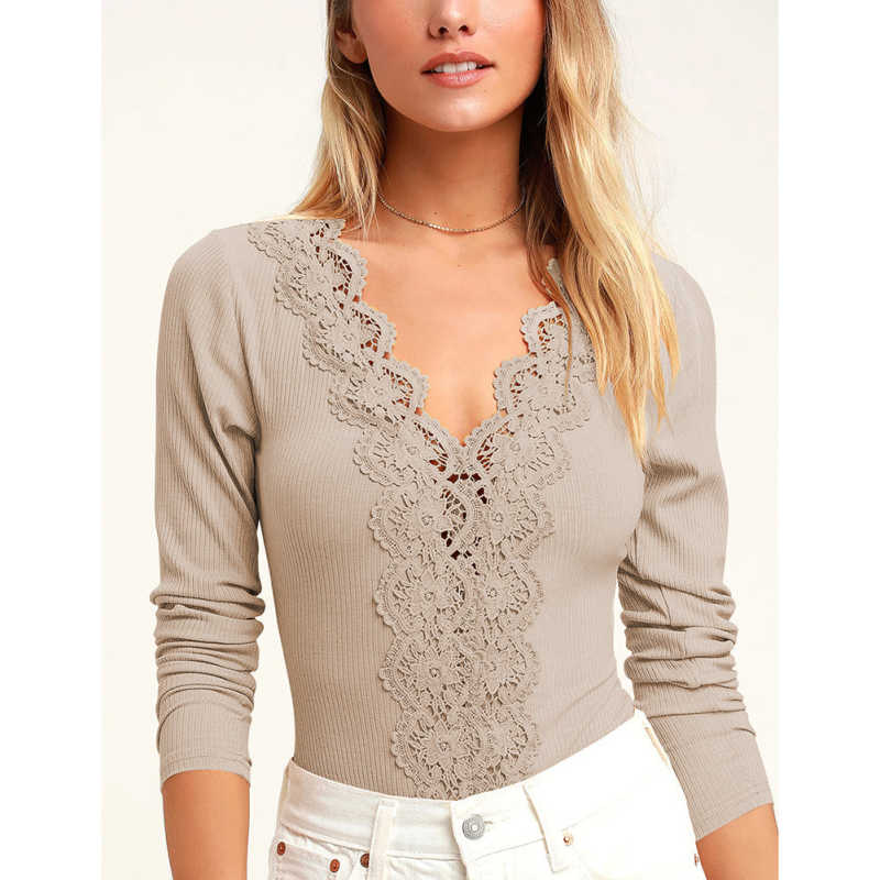 Apricot Lace V Neck Long Sleeve Bodysuit TQV220109-18