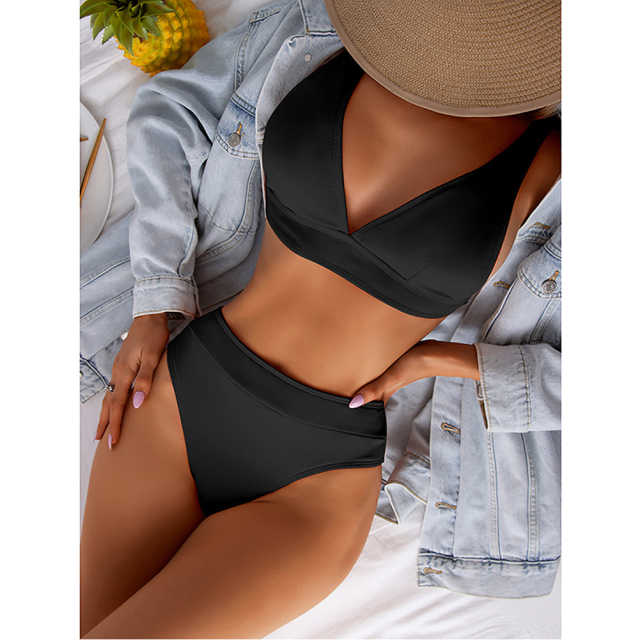 Black Solid V Neckline 2 Piece Bikini Set TQK610269-2