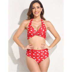 Red Polka Dot Front Twist Halter Bikini Swimsuit TQK610321-3