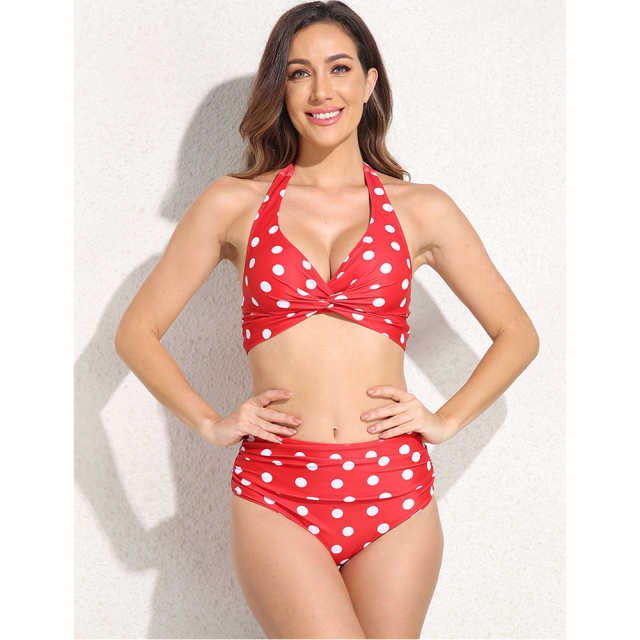 Red Polka Dot Front Twist Halter Bikini Swimsuit TQK610321-3