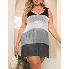 Gray Color Block V Neck Plus Size Beach Cover TQK311423-11