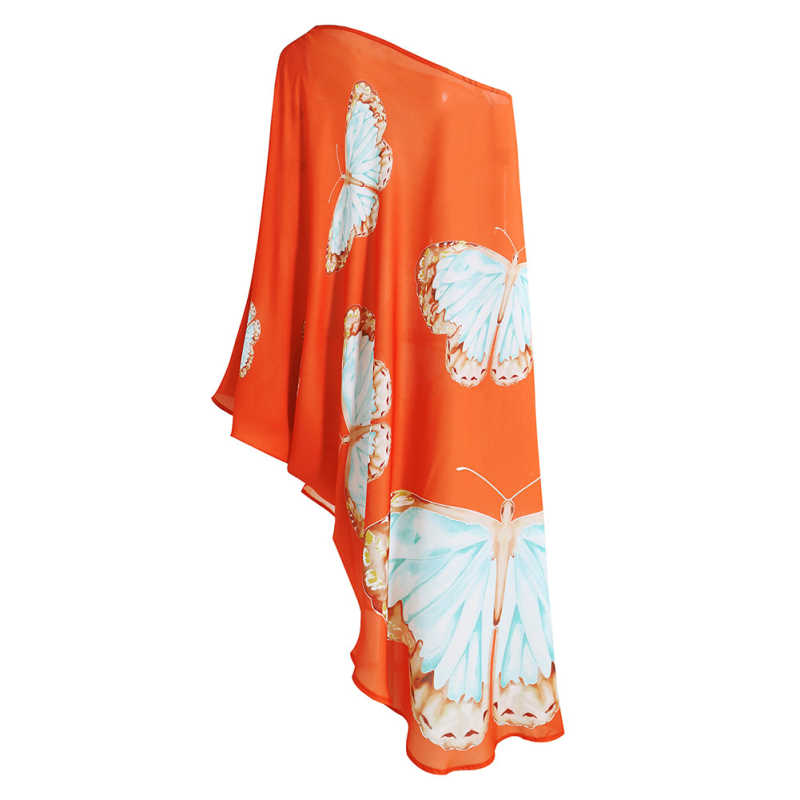 Tangerine Butterfly Print One Shoulder Irregular Beach Dress TQK650088-55