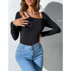 Black Rib Asymetrical Slim Fit Long Sleeve Bodysuit TQV220135-2