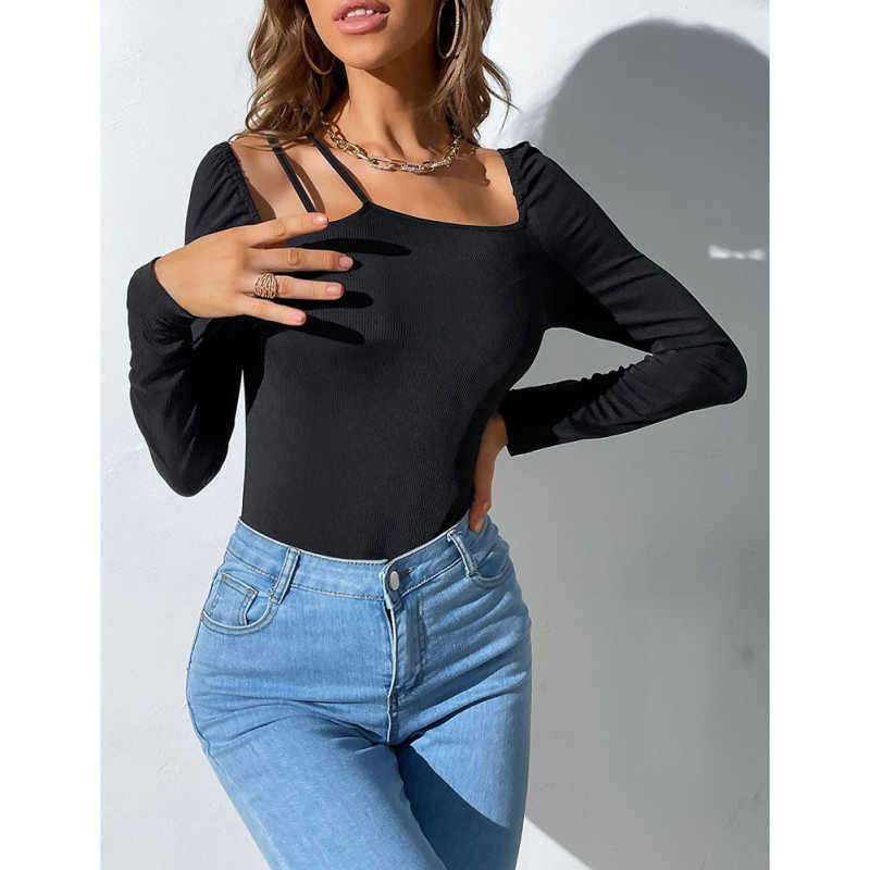 Black Rib Asymetrical Slim Fit Long Sleeve Bodysuit TQV220135-2