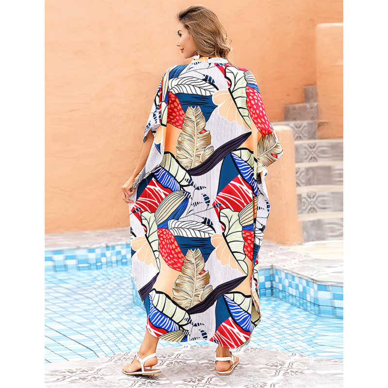 Leaf Button-down Holiday Beach Kimono Dress with Pocket TQK650094-18