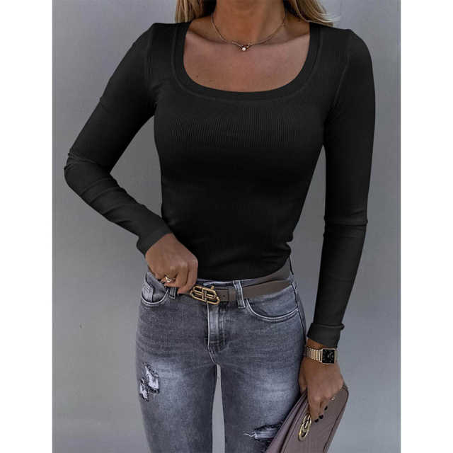 Black U Neck Ribbed Long Sleeve Bodysuit TQV220126-2