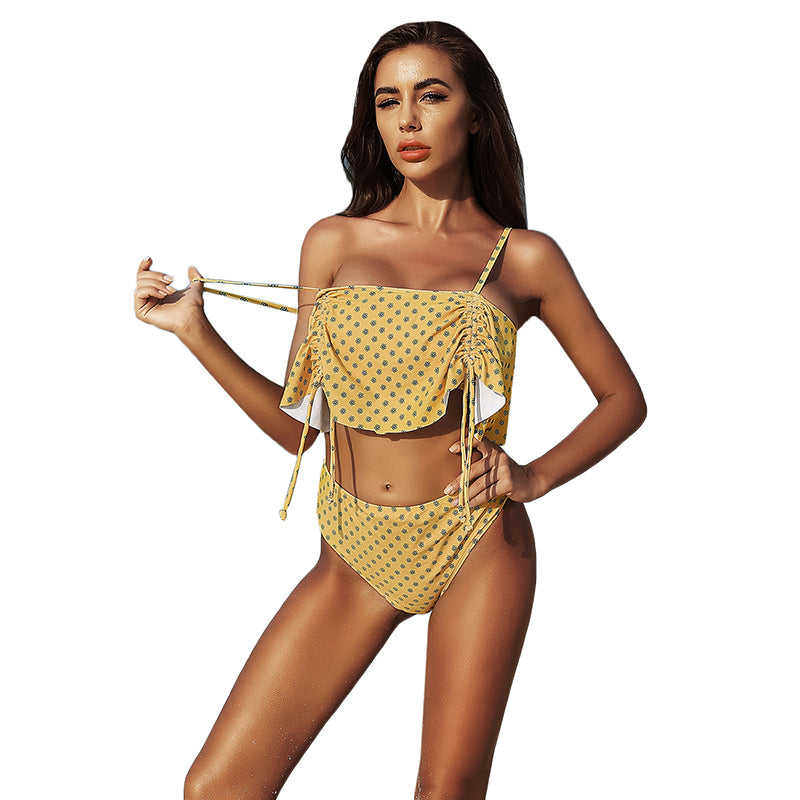 Yellow Floral Print Two-Piece Bikini Set TQK610155-7