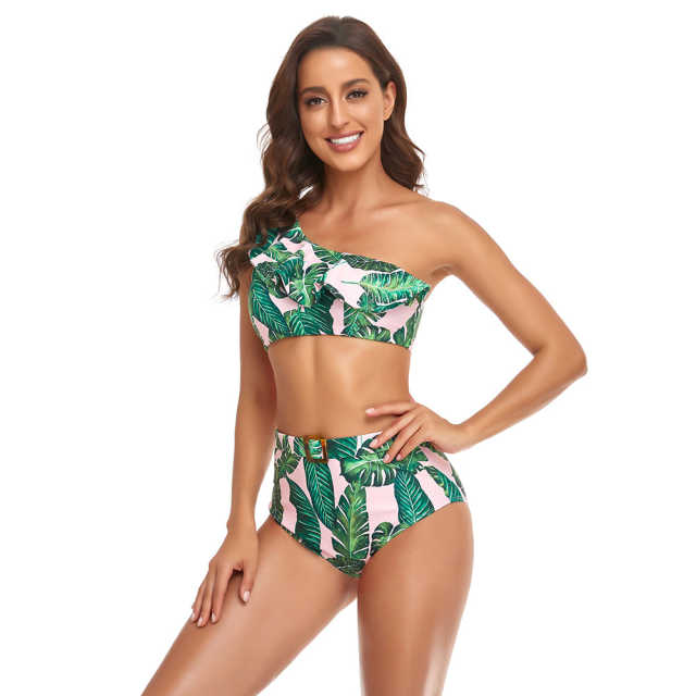 Green Printed One Shoulder Ruffle Bikini Swimwear TQK610299-9