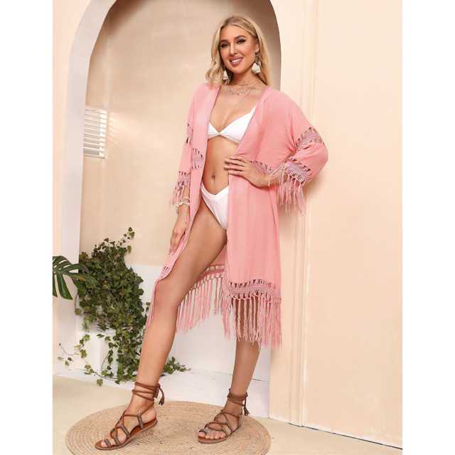 Pink Solid Crochet Splice Tassel Kimono Beach Cover TQK650118-10