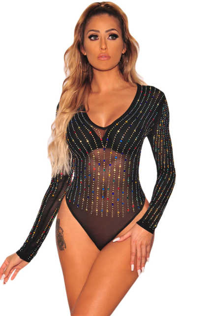 Black Mesh Rainbow Iridescent Rhinestone Studded Bodysuit