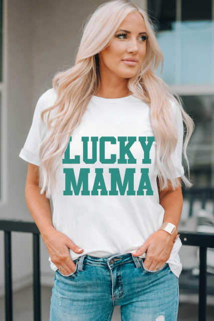 White LUCKY MAMA Letters Print Tee LC25219698-1