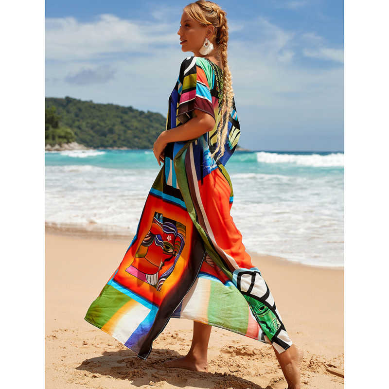 Black Graffiti Loose Beach Kimono Dress TQK650096-11