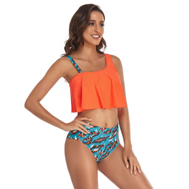Orange Ruffle Printed Bottom Tankini Swimwear Set TQK610298-14