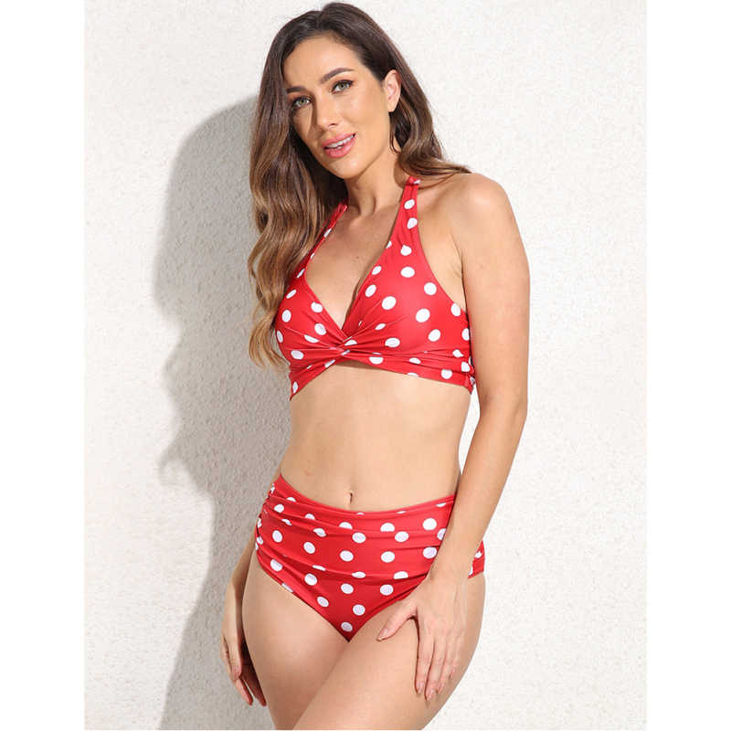 Red Polka Dot Front Twist Halter Bikini Swimsuit TQK610321-3