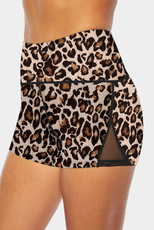 Leopard Mesh Cutout Patchwork Swim Shorts LC472303-20