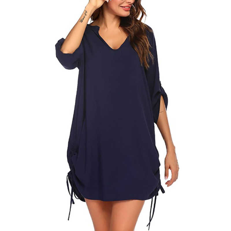 Navy Blue V Neck Drawstring Beach Cover Dress TQK650071-34