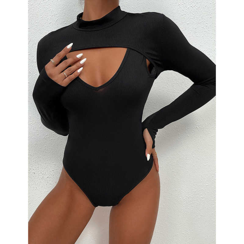 Black Mock Neck Cut-out Ribbed Long Sleeve Bodysuit TQV220133-2