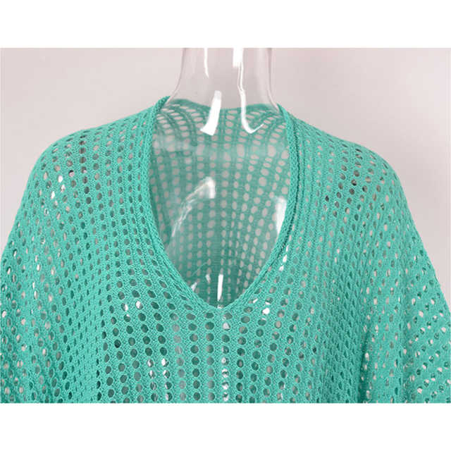 Blue Hollw-out Colorblock Hem V Neck Beach Cover TQX650055-5