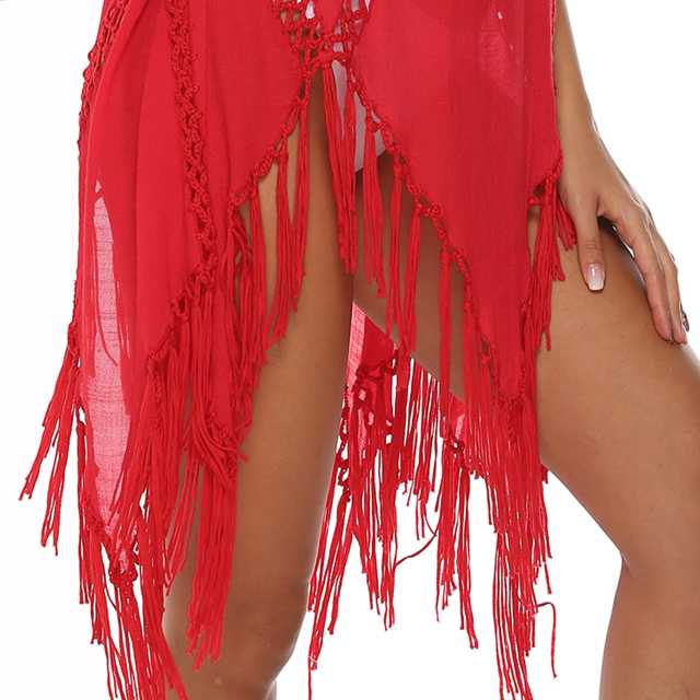 Red Hollow Out Tassel Beach Cover up GJZ00205-3