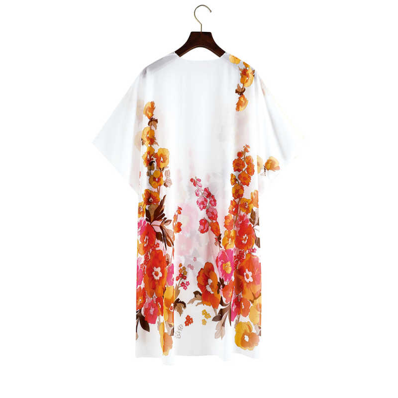 White Floral Print Chiffon Kimono Beach Cover Up TQK650079-1