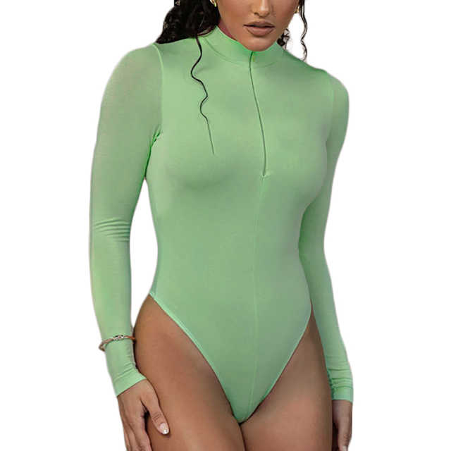 Light Green Zipper-up High Neck Long Sleeve Bodysuit TQK550264-28