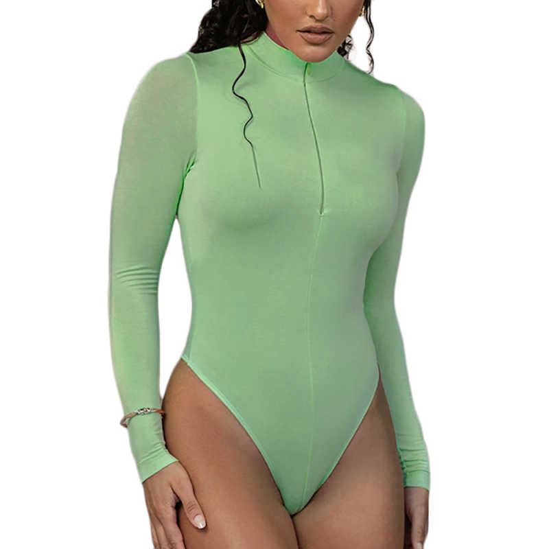 Light Green Zipper-up High Neck Long Sleeve Bodysuit TQK550264-28