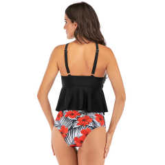 Black Floral Print Bottom Cross Ruffled  Tankini Set TQK610148-2