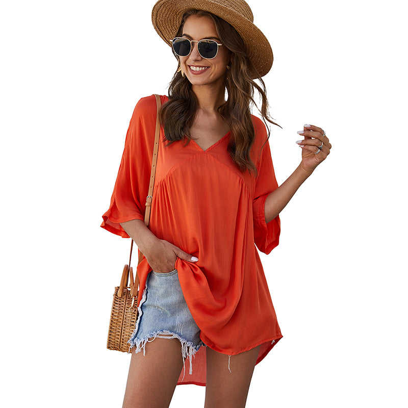 Orange V Neck Casual Beach Dress TQK310241-14