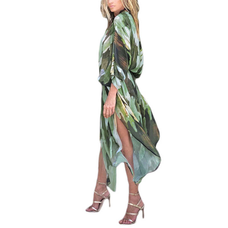 Light Green Print Chiffon Kimono Beach Cover Up TQK650082-28