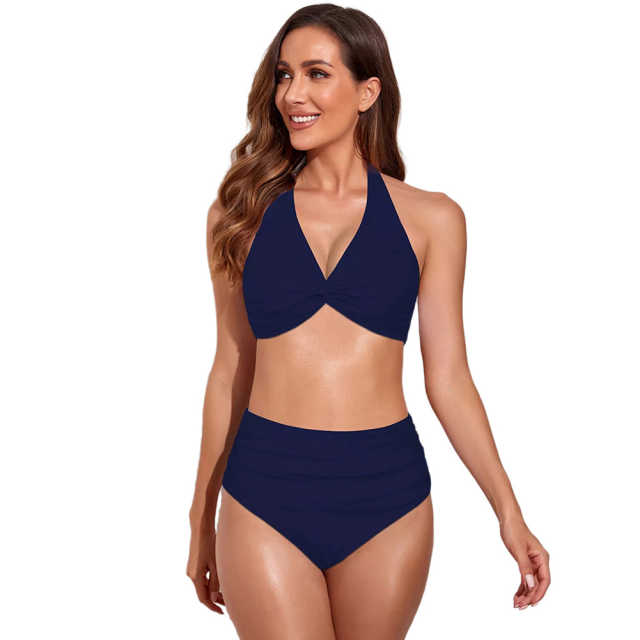 Navy Solid Front Twist Halter Bikini Swimsuit TQK610321-34
