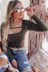 Olive Strappy Hollow-out Scoop Neck Long Sleeve Leopard Bodysuit LC6421125-9