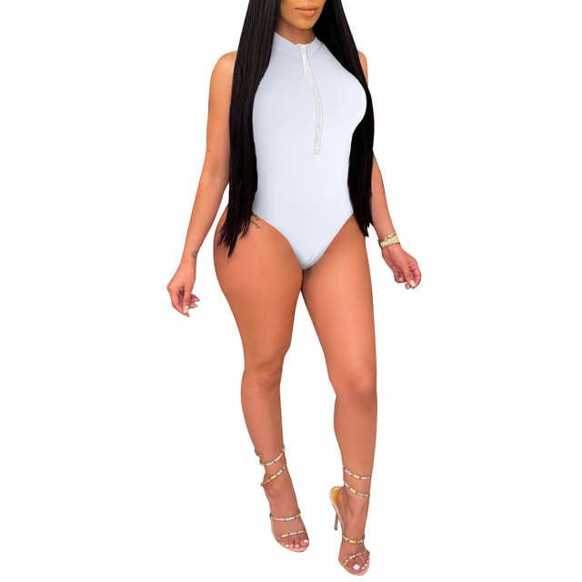 White Diamond Tassel Zipper Sleeveless Bodysuit TQV250001-1