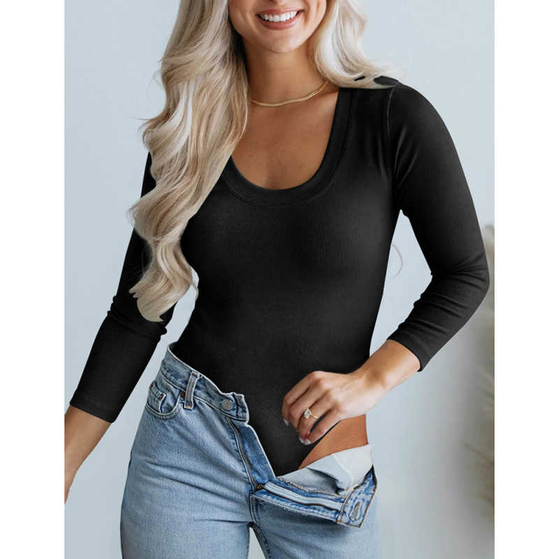Black U Neck Ribbed Long Sleeve Bodysuit TQV220126-2