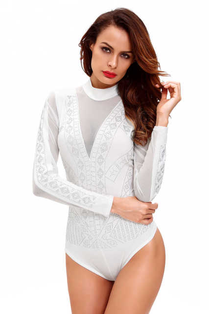 White Long Sleeve Bodysuit With Back Open LC32062-1