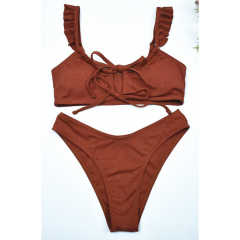Wine Red Ruffle Detail Lace-up Bikini Set TQX610006-23
