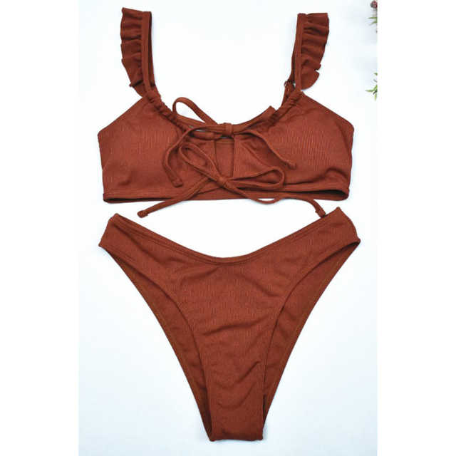 Wine Red Ruffle Detail Lace-up Bikini Set TQX610006-23