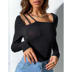 Black Rib Asymetrical Slim Fit Long Sleeve Bodysuit TQV220135-2