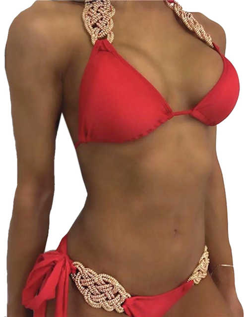 Red Knit Handmade Halter 2pcs Bikini Swimsuit TQK610327-3
