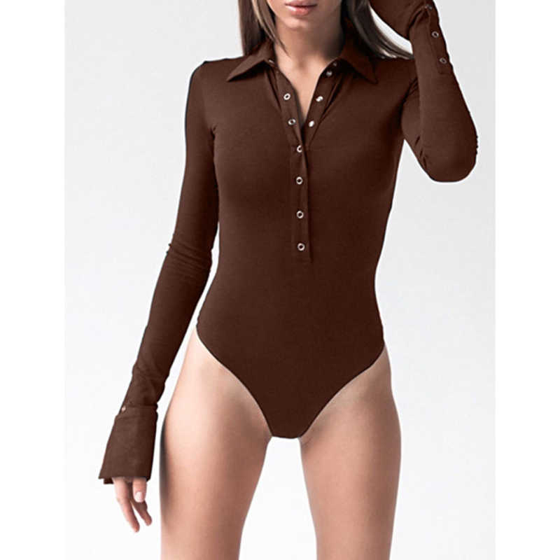 Coffee Button Lapel Collar Long Sleeve Bodysuit TQV220148-15