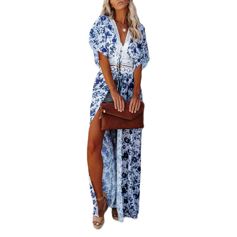 Blue Chiffon & Lack Long Kimono Beach Cover TQK650081-5