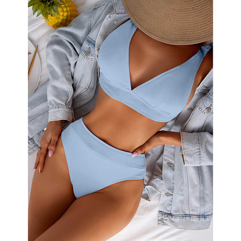 Light Blue Solid V Neckline 2 Piece Bikini Set TQK610269-30